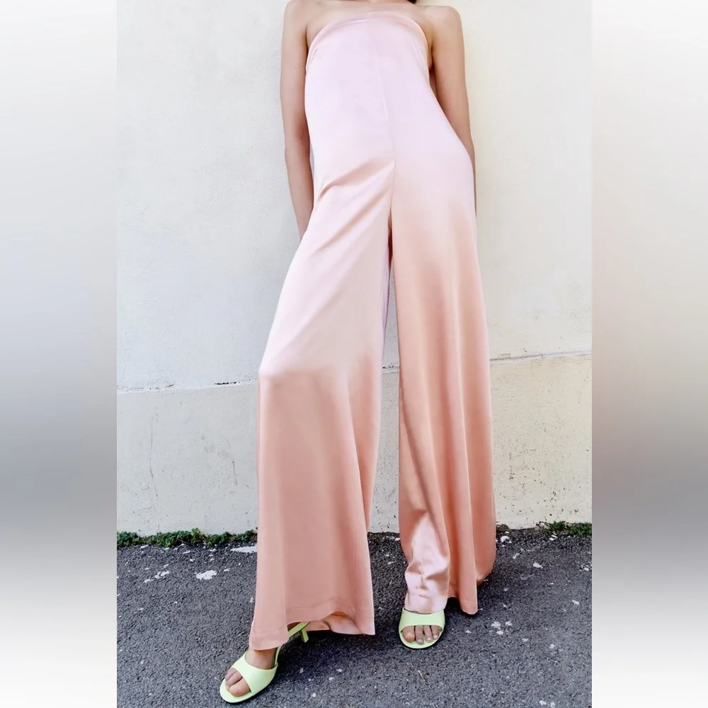 Zara STRAPLESS SATIN EFFECT JUMPSUIT. Pale Pink. Sizes XS, M, L. New with Tags. - Picture 3 of 10
